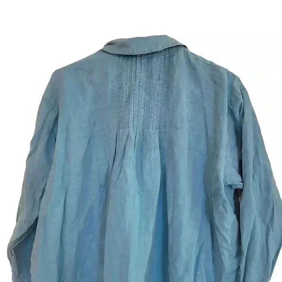 Neiman Marcus Women's Turquoise Linen Pleated Collared Button Down Shirt - Picture 6 of 7